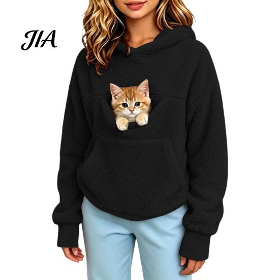 Animal Carrier Hoodie Girls Fleece with Pet Pouch, Cat Dog Hooded Skin Friendly Sweatshirt, Oversized Kangaroo Pocket Pullover Top for Kids