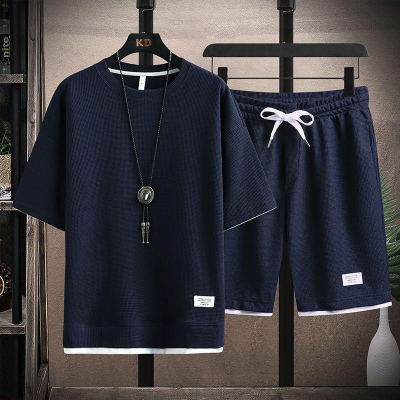 Men's Waffle Summer Sets Casual T-Shirt+Shorts Set Male Sports Suit Solid Color Tracksuit Loose Suits