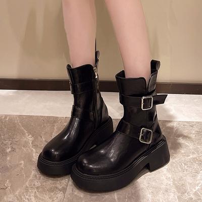 2024 Горячая Распродажа Женская Обувь Женские Ботинки С Молнией По Боку Модные Ремни Пряжки Современные Ботинки Женские Новые Круглые Носки Твердые Ботинки До Середины Икры