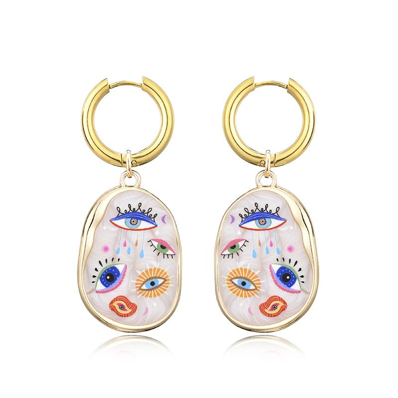 Trendy Colorful Eye Heart Star Pattern Stainless Steel Hoop Earrings Woman Vintage Geometric Enamel Gold Color Female Jewelry