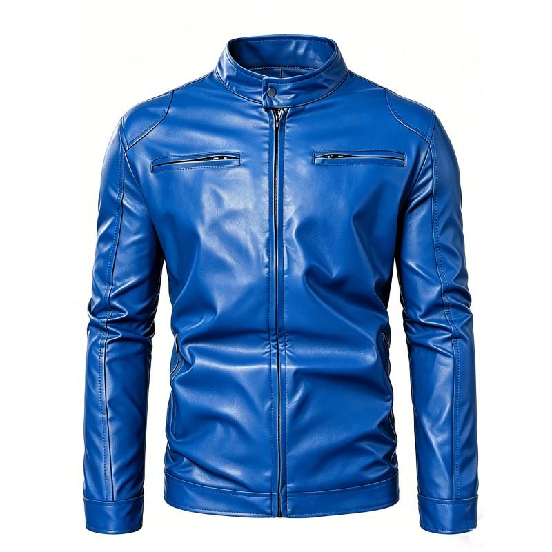 Mens PU Leather Biker Jacket Slim Fit Stand Collar Zipper Casual Streetwear 2026
