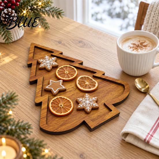 Natural Wood Snack Organizer Christmas Tree And Elk Serving Tray, Durable Partitioned Decorative Nut Fruit Tray Food Platter, Dinnerware for