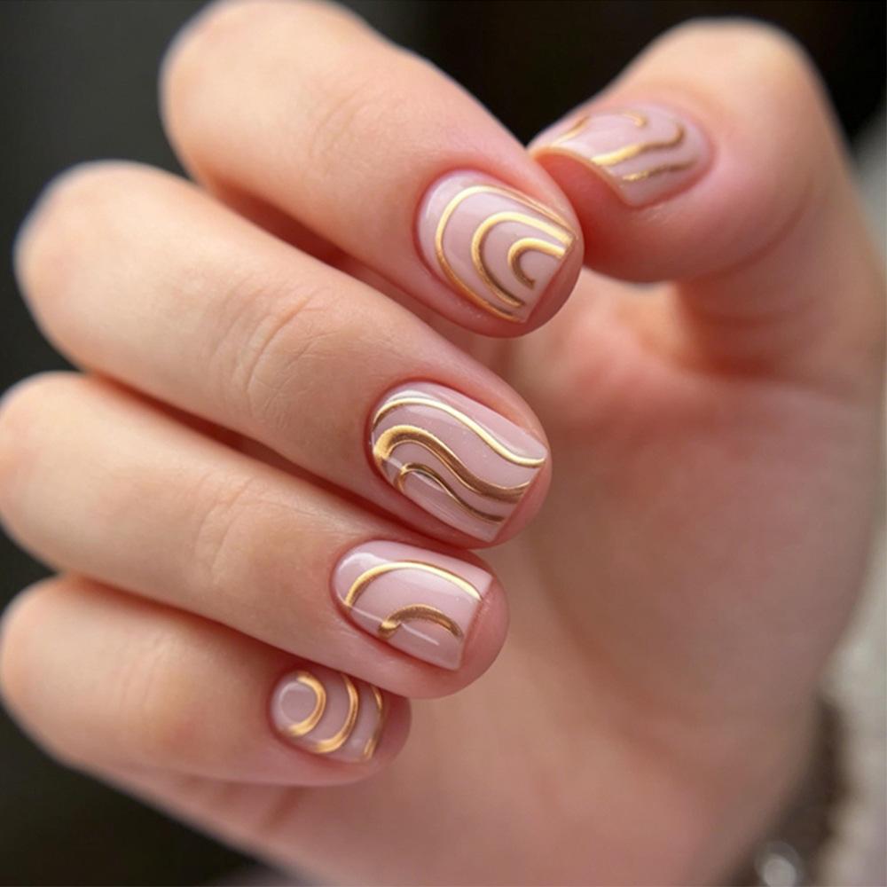 24Pcs Short Fake Nail Tips with White French Design Simple Square Head False Nude Pink Nails Stripes Wearable Press on Nails