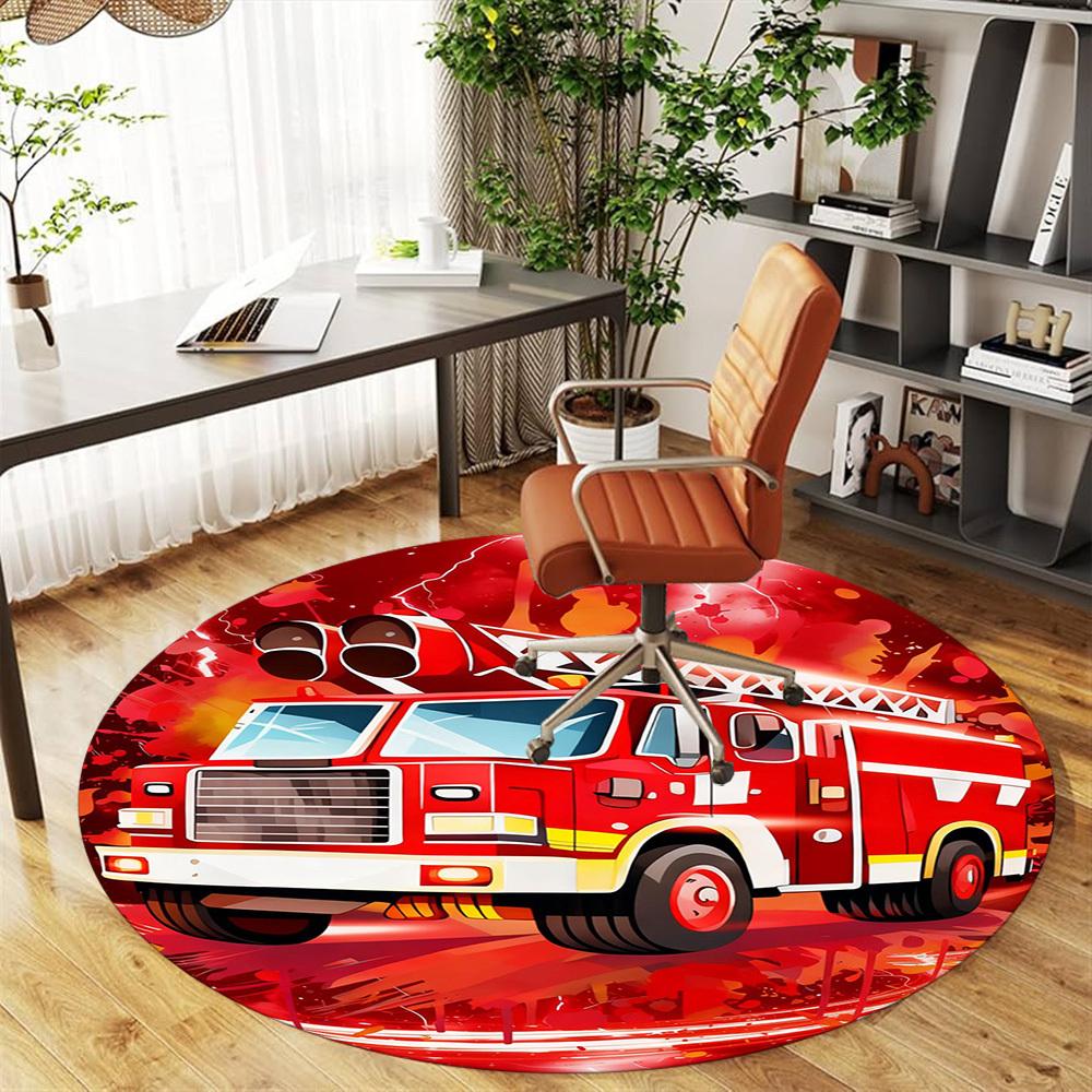 1PC Firetruck Lightning Round Chair mat Area Rug - Non-Slip, Floor Mat for Office, Bedroom, and Indoor Decor -Gift D1127203