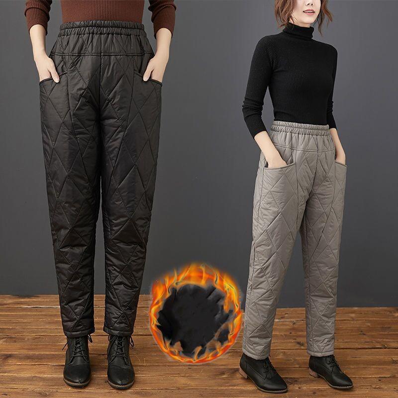 Женские зимние брюки с высокой талией, облегающие, ромбовидной стежкой, повседневные, однотонные, теплые брюки для холодной погоды