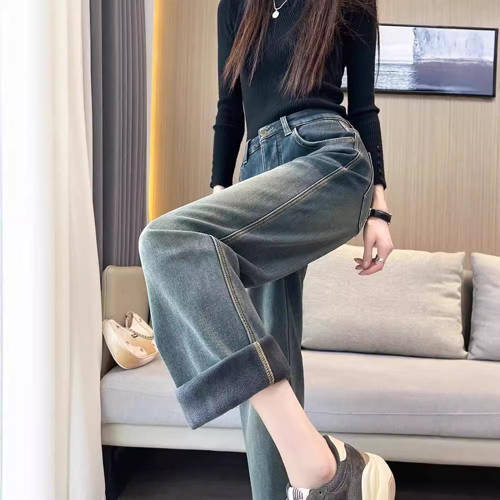 Женские плюшевые джинсы с высокой талией и широкими штанинами - Зима 2024 Ретро Прямые брюки