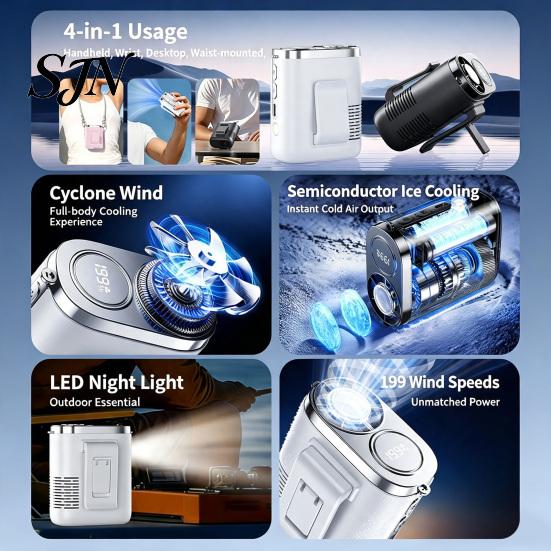 Travel Cooling Accessories Portable Waist Fan, Rechargeable Personal Body Fan with Flashlight, Wireless Clip-on Desktop for Neck Belt Hip, Outdoor