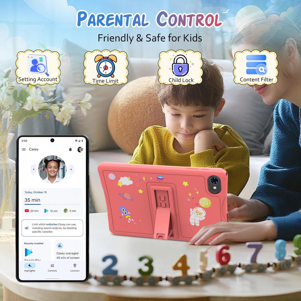 TABWEE K10 10,1-дюймовый планшет для детей Android 15, 4 ГБ ОЗУ 64 ГБ ПЗУ, Большой дисплей Widevide L1, Восьмиядерный RK3562, 5000 мАч, 5G Wi-Fi