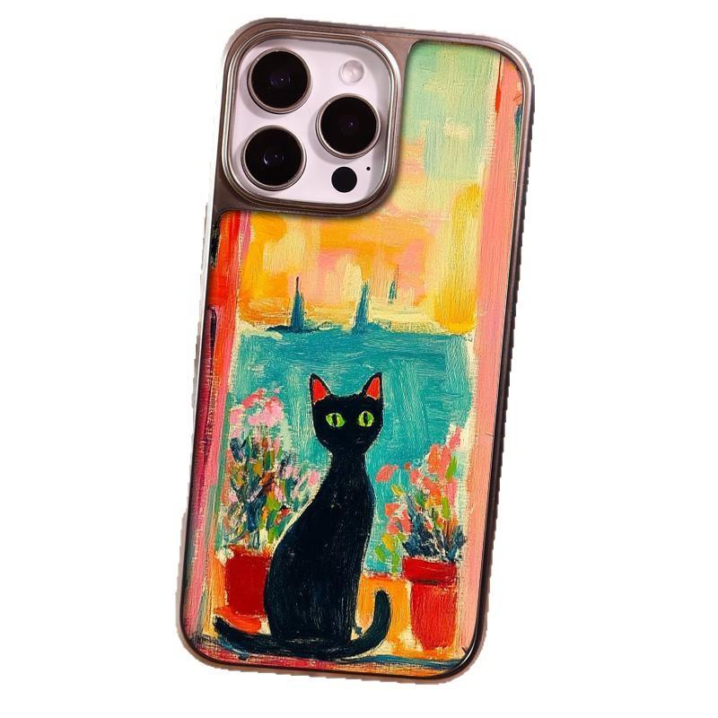 Масляная живопись закат черный кот для чехла на мобильный телефон iPhone17promax 15 гальваническое покрытие 16 матовый ПК13 искусство 14 наборы