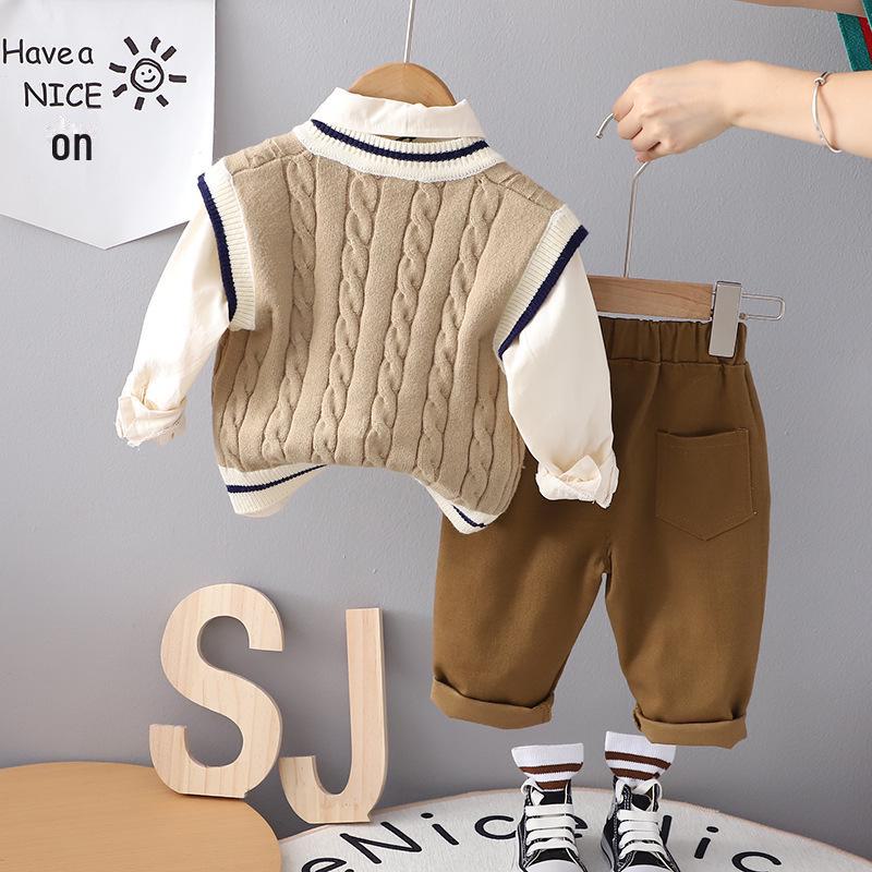 Костюм-тройка для мальчиков весна/осень: Новый комплект свитера и жилета 2023 года для детей от 1 до 5 лет