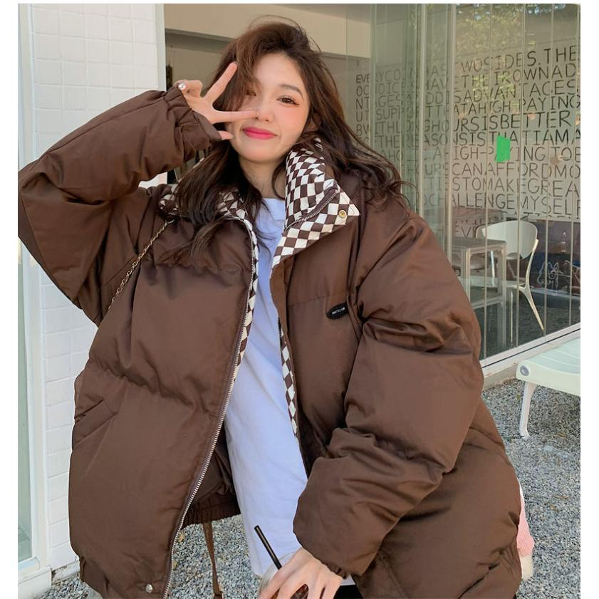 Winter Checkerboard Down Padded Jacket Women's Loose Wind Stand-up Collar Short Padded Jacket Padded Jacket Thickened Bread Jacket
