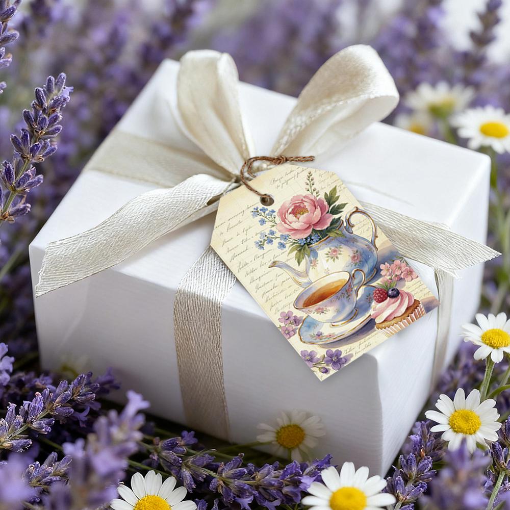 1set 80pcs 4 styles Printed Paper Thank You Gift Tags Rectangle Teacup 7.7x5.1cm Hole: 5mm 20pcs/style