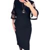 Women Midi Dress O-Neck Mesh Stitching 3/4 Flared Sleeve Casual Dress Back Zipper Elegant Office Lady Dress