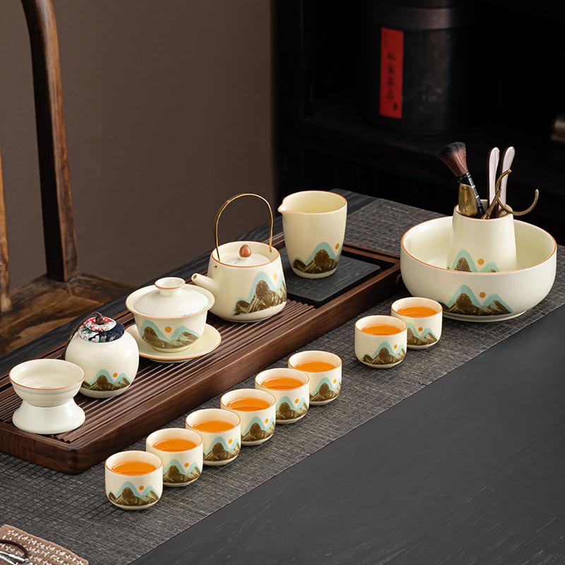 Light luxury Ru kiln tea set with tea tray Kung Fu tea set Ceramic household business gifts are available