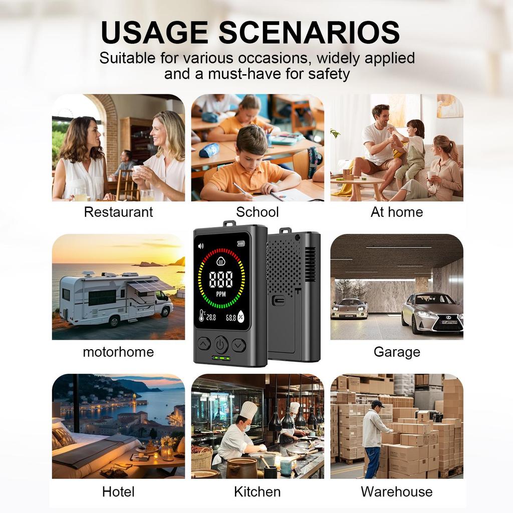 GC300 Digital Carbon Monoxide Detector CO Alarm With Temperature Humidity Sensor LCD Display Rechargeable Air Quality Monitor