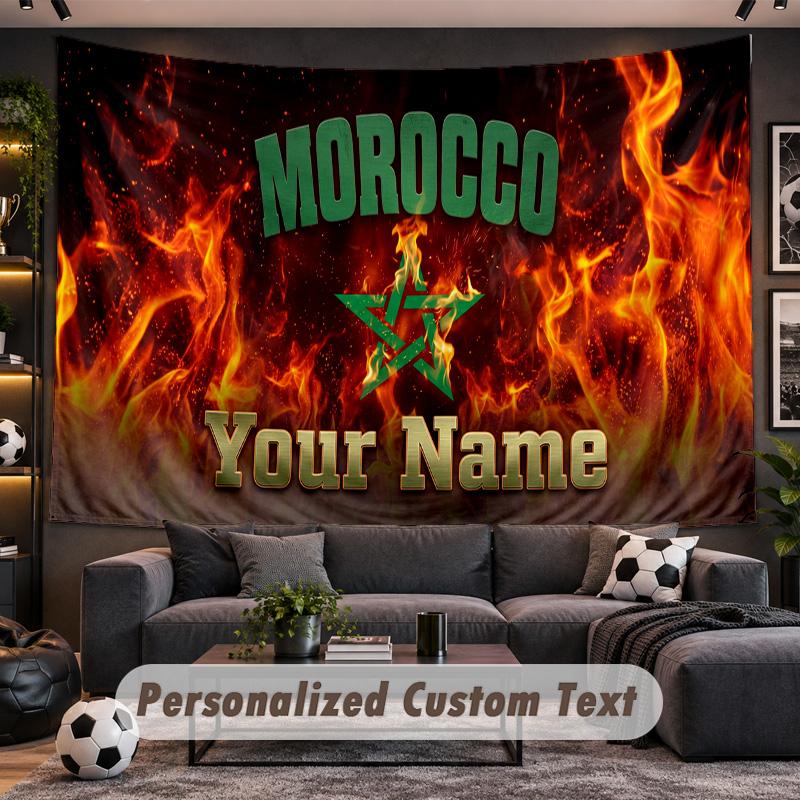 Morocco Football Personalized Tapestry Support Custom Name, Wall Art Home Decoration