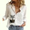 Women Fashion Buttoned Shirt Spring&summer Thin Cotton Linen Top Casual Cat Print Long Sleeved Blouse