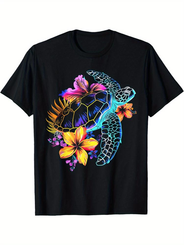 Vintage Graphic 100 Cotton TShirt Turtle With Tropical Flowers Summer