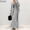 Korean Style Women Long Sleeve Button Down Stripe Casual Maxi Shirt Dress