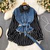 Весенне-осенняя Корейская Ретро Поддельная Два Свободных Джинсовых Жилета Полосатая Рубашка Женская Повседневная Нерегулярная Рубашка