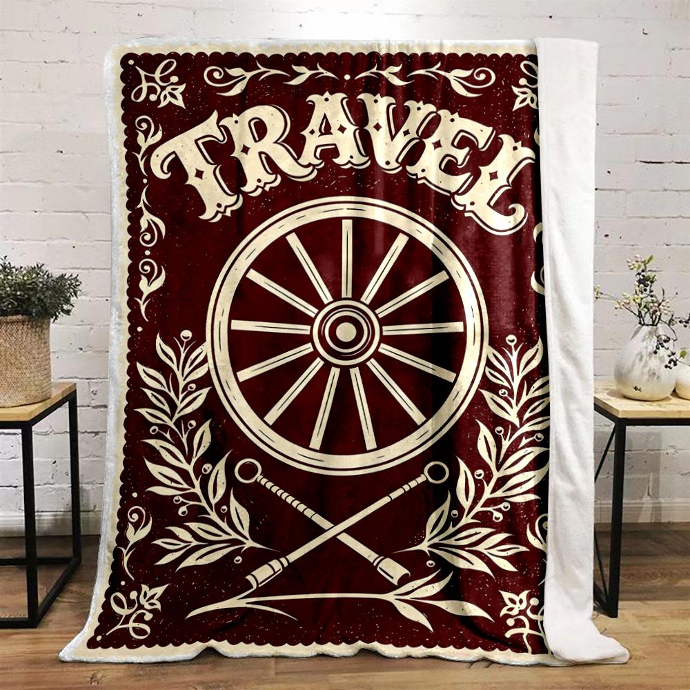 Retro Travel Wheel with Botanical Design Flannel blanket for bedroom, living room, sofa, and nap sofas