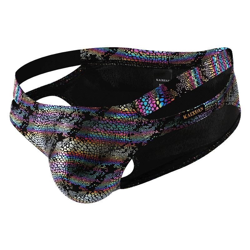 Мужские трусы-бикини из искусственной кожи змеиной кожи с открытыми боками, сексуальное U-образное выпуклое нижнее белье для геев Calzoncillos Hombre Slip Penis Pouch