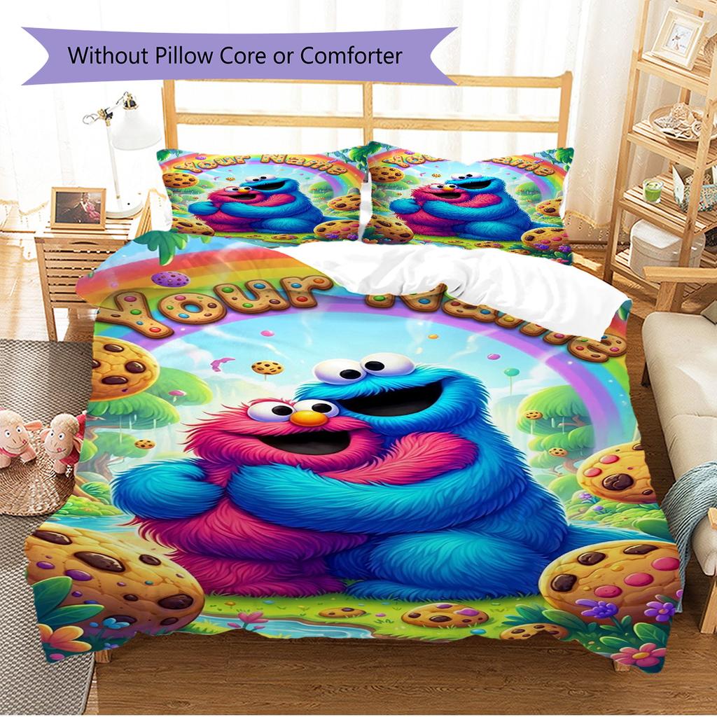 Name Custom Cookie Monster Pattern Bedding Set Quilt Cover Pillowcase Home Decor Gift (1 * duvet cover + 2 * pillowcase, without core)