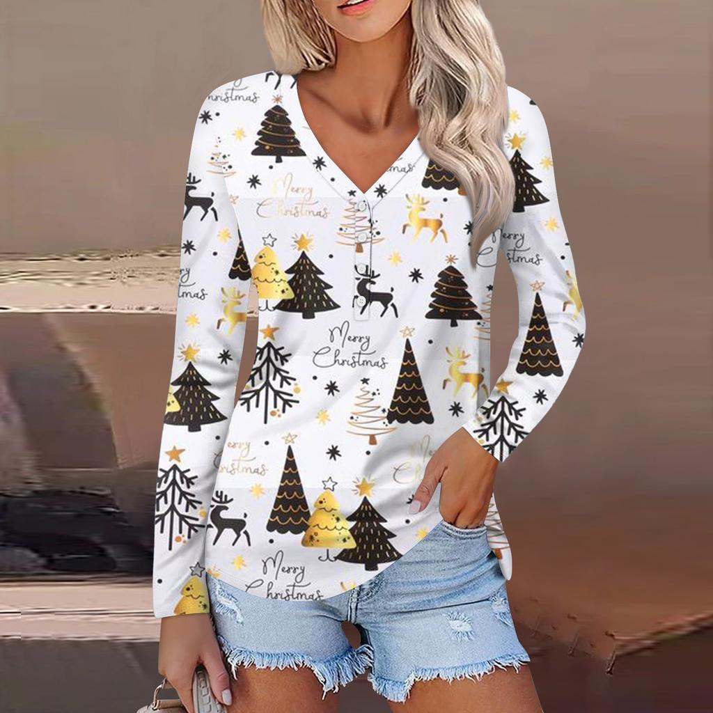 Women's Casual Fashion Sexy Comfort Christmas Printed V-Neck Button Long Sleeve