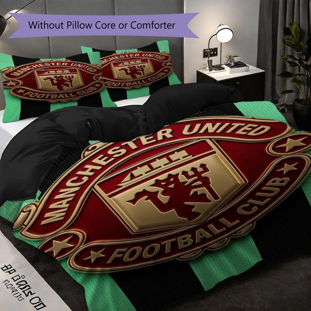 Manchester Glory Emblem Three-piece set (1 * duvet cover + 2 * pillowcase, without core) 2D Flat Christmas birthday gift Soft and comfortable