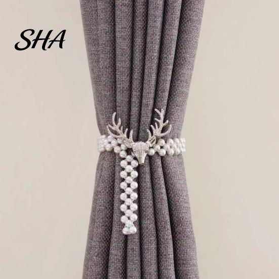 Stretchable Curtain Tiebacks Deer Head Tieback, Faux Pearl Beaded Stretch Holder, for Drapes Adjustable Holdback Bedroom Living Room Window Door Gauze