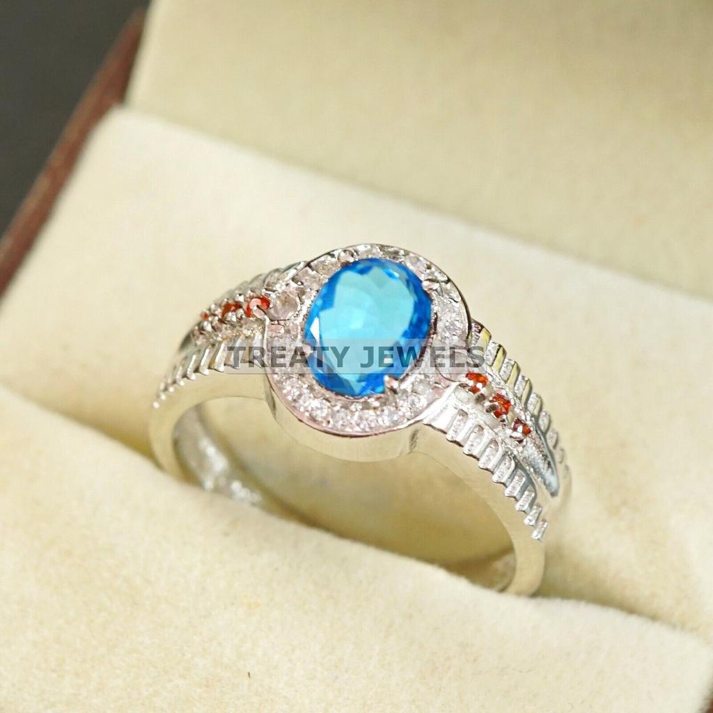 Blue Topaz Oval Cut Gemstone With 925 Sterling Silver Ring For Men's #A873 JL375669020318