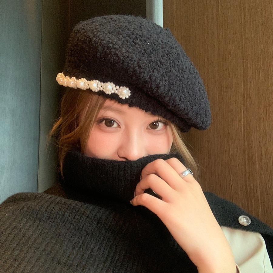 Lamb Wool Winter Top Hat Sweet Pearl Wool Beret Temperament Casual Face Little Painter Hat