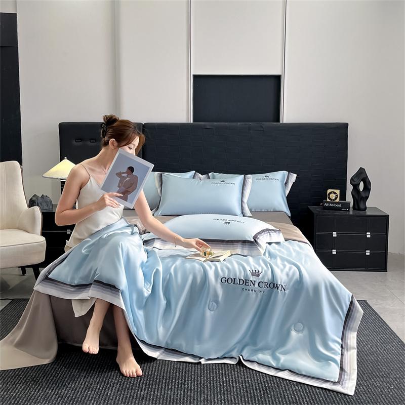 Sleeping grid washed ice silk digital wide edge embroidery summer quilt four piece set/single summer quilt - Bella series
