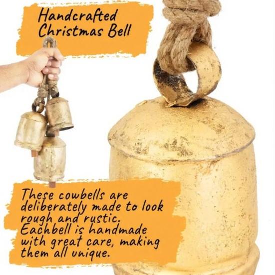 Yousheng Vintage Metal Harmony Cow Bells Handmade Rustic Lucky Christmas Hanging Bells on Jute Rope for Wreath Wall Hanging Decor