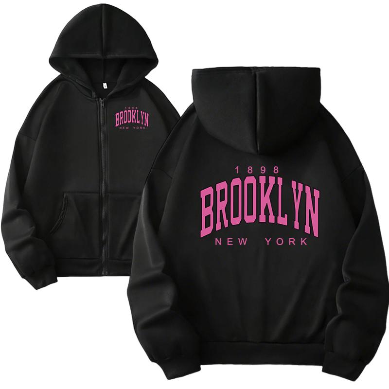 Женская толстовка с принтом Brooklyn Высококачественная с капюшоном с длинным рукавом на молнии Женские повседневные модные свободные толстовки-пальто