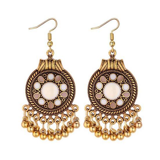 Women Ethnic Tassel Disc Flower Bead Pendant Long Dangle Hook Earring Jewelry