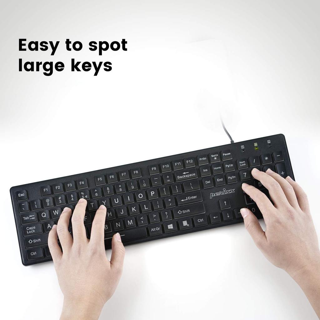 Perixx Backlit USB Large Print Key English Official Warranty PERIBOARD-317 Keyboard, Wired, Backlit, Connection, Easy-to-read Tops, Layout, (Square