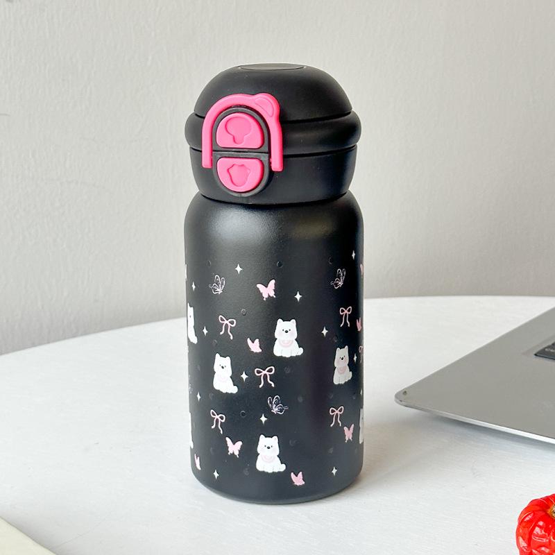 Cute Cartoon Print Double Drink Stainless Steel Thermos Cup with Straw - Portable Pop-Up Cup for Girls and Students