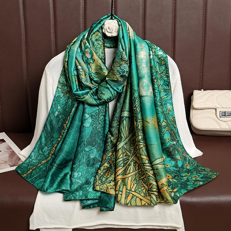 Spring and Summer Korean Version of the Fashion Wild Plant Simulation Silk Long Section Silk Scarf Elegant Temperament Ladies Take Sun Shawl