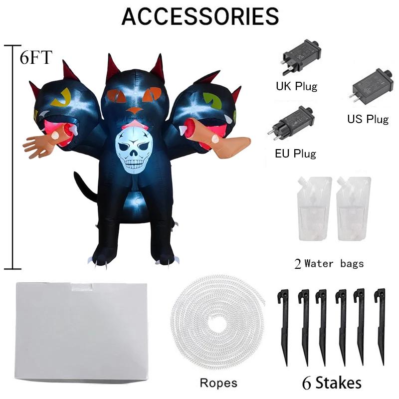 6FT Halloween Holiday Party Inflatables Toys Cat with Three Heads Outdoor Decorations with Built-in LED Lights for Lawn Yard