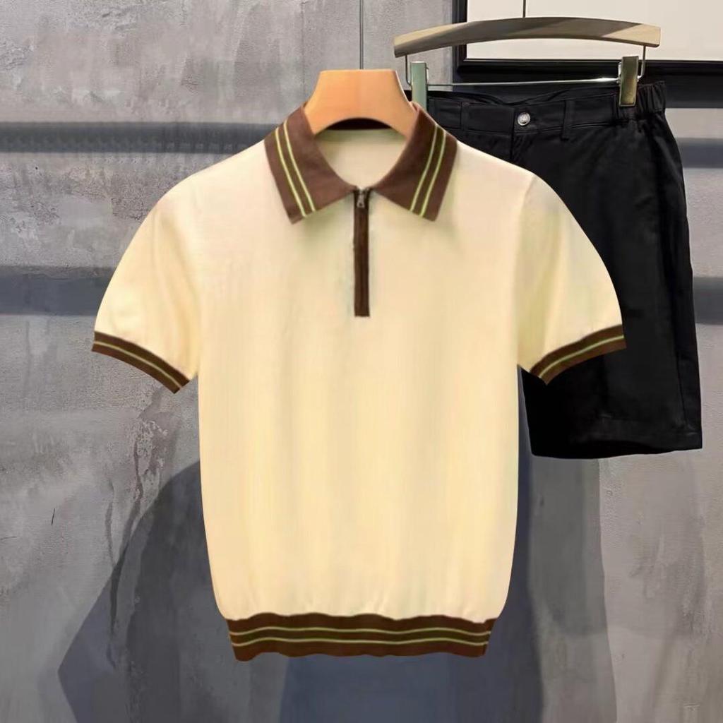 Мужская футболка-поло с коротким рукавом из ледяного шелка в корейском стиле на молнии до половины