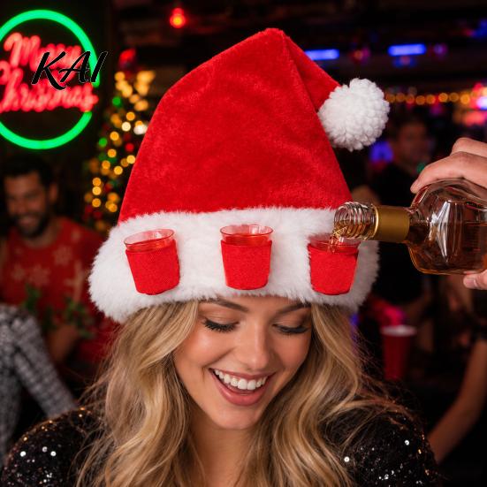Beer Drinking Cap Plush Christmas Hat with Drink Holder, Adults Velvet Santa Claus Soft 3 Cups, Red Xmas for New Year Holiday Party Cups