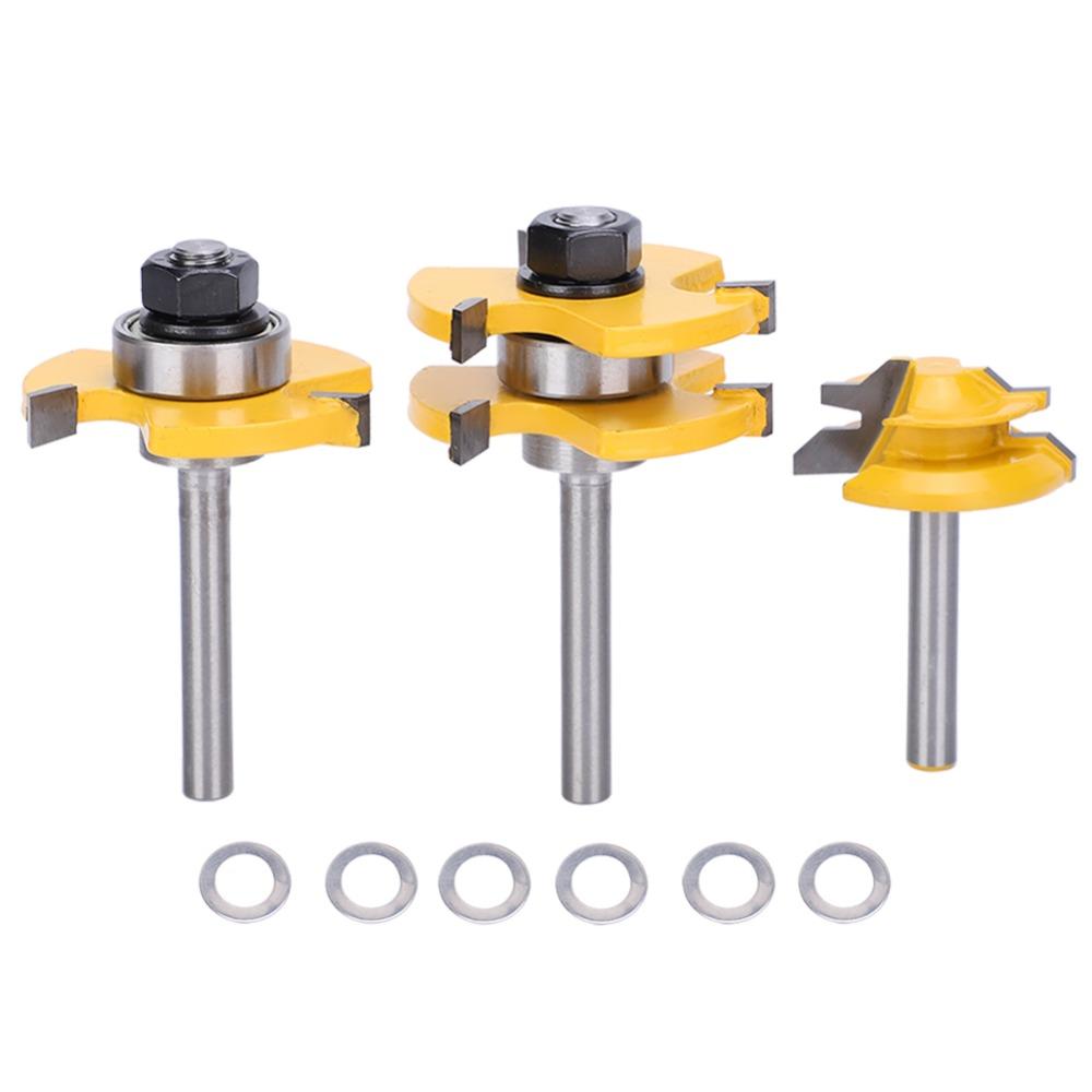 3pcs 45 Degree Angle Lock Miter Router Bit 3 Teeth T-Shape Tongue and Groove Set For Cabinets
