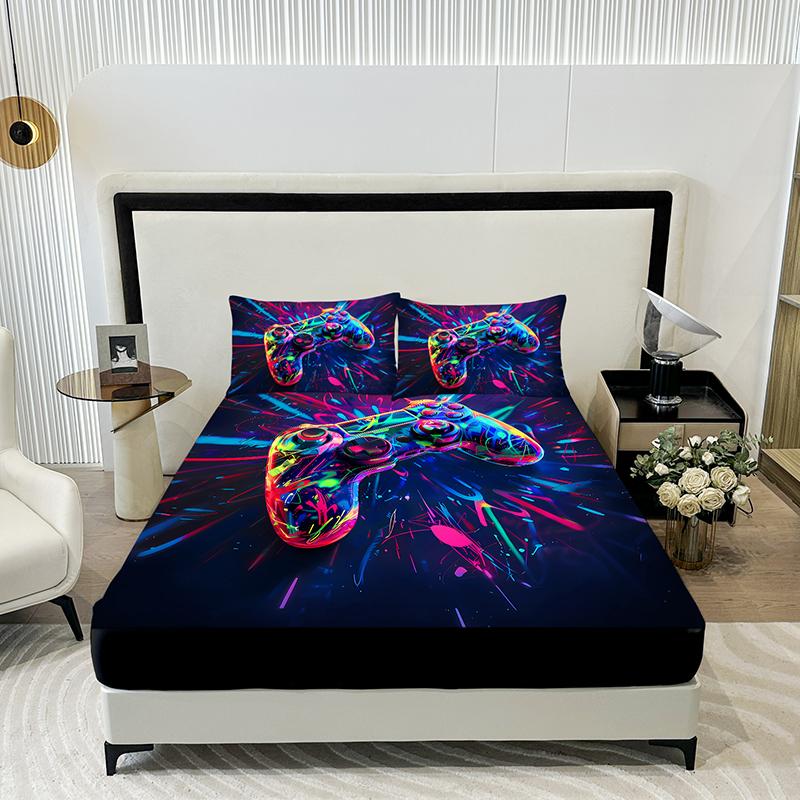3Pc Colorful Spark Game Console Bed Sheet, 1 Fitted Sheet+2 Pillowcases, Digital Printing Technology, Available For All Seasons