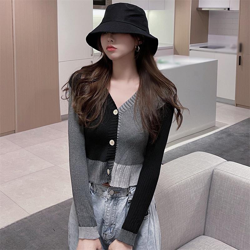 Женский кардиган с V-образным вырезом, контрастной расцветкой, облегающий, с открытым животом, вязаный, с длинными рукавами