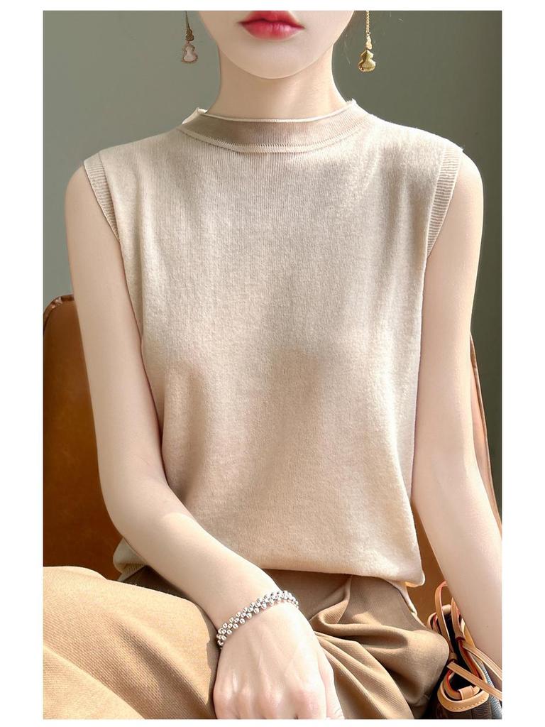 2024 Spring/Summer Women's Sleeveless Thin Knitted Sweater - Half Turtleneck Pullover Vest