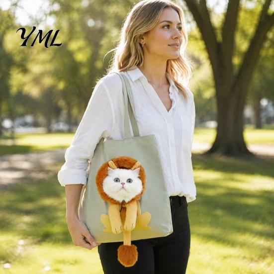 Breathable Pet Pouch Carrying Bag with Head Hole, Plush Lion Rabbit Pig Cat Design Tote, Canvas Single Shoulder for Small Cats and Dogs