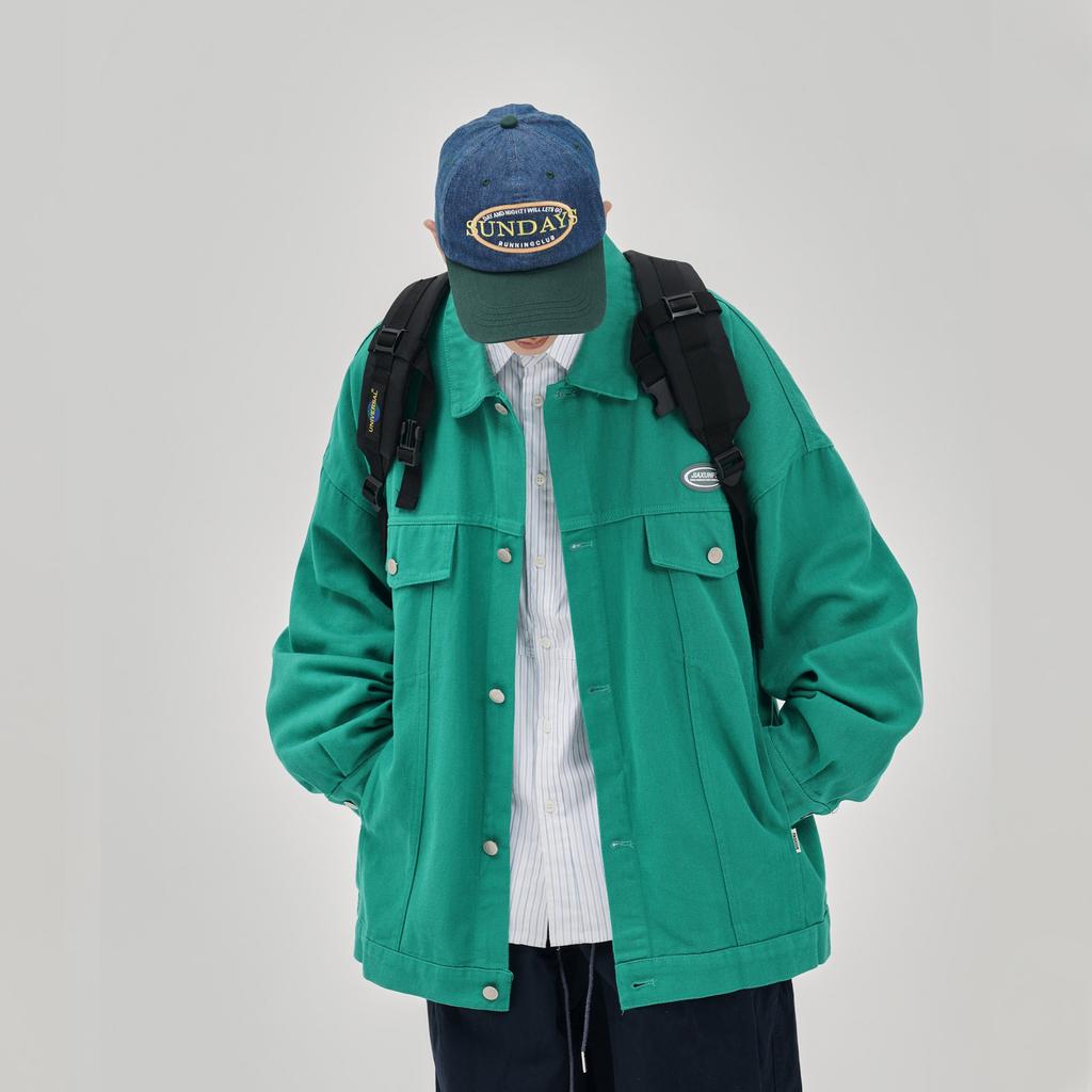 Зеленая джинсовая куртка для мужчин, осень, новая мода, большой размер, повседневная, свободные лацканы, рабочая джинсовая куртка для мужчин