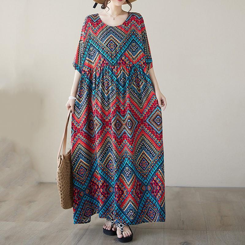 Short Sleeve Plus Size Cotton Satin Vintage New In Dresses for Women Casual Loose Long Summer Dress