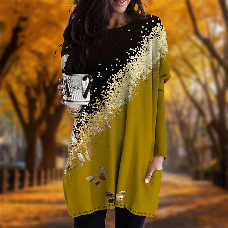 Новинка осени с красочным принтом бабочек и большими размерами платье для женщин с круглым вырезом и длинными рукавами повседневные платья с карманами